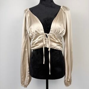 Timing Satin Pleated Balloon Sleeve Crop Top Womens M Champagne Coquette Party